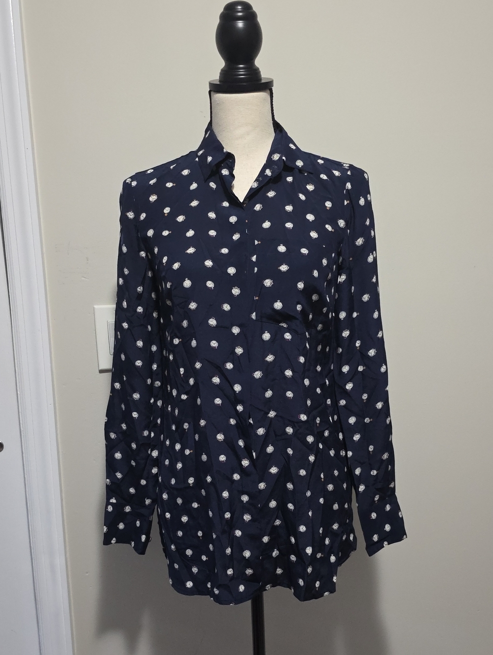 J Crew Ticktock Clock Silk Button Down Shirt Sz 00